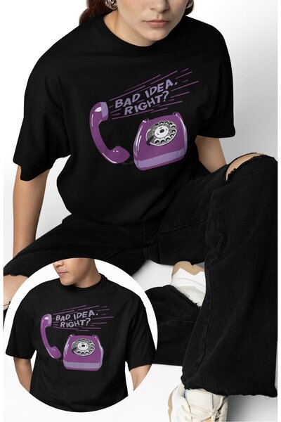 Fuddy Moda تي شيرت مكتوب عليه Unisex Phone Bad Idea Right، تي شيرت كبير الحجم...