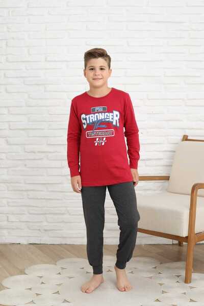 Şekerkids Boy's Cotton Combed Fabric Pajama Set with Red-Smoke Color Text Detail