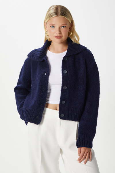 Ritnice Women's Lean Soft Texture Polo Neck Navy Blue Basic Knitwear Cardigan Hi00179