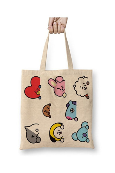 Toyaso Bt21 Bts Characters White Cloth Bag Long Handle Shopping Bag Beach Bag