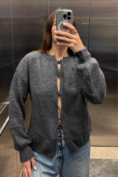 Noi Belis Soft Textured Ribbon Tie Detail Knitwear Cardigan Aw25Hi0034