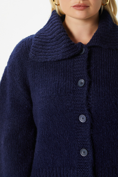 Ritnice Women's Lean Soft Texture Polo Neck Navy Blue Basic Knitwear Cardigan Hi00179