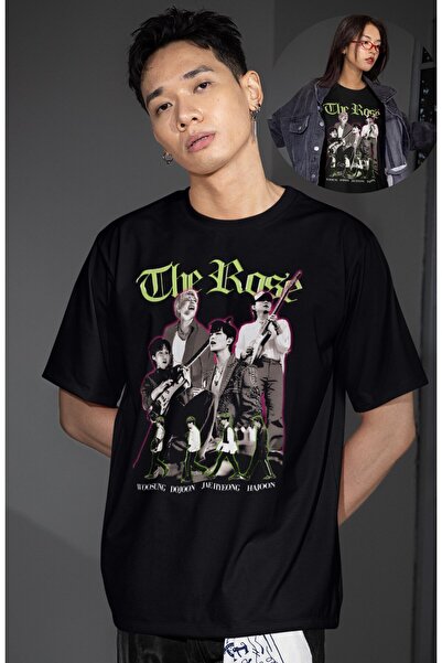 Fuddy Moda تي شيرت مطبوع عليه The Rose للجنسين، تي شيرت أسود كبير الحجم ذو طابع فرقة Kpop برقبة دائرية