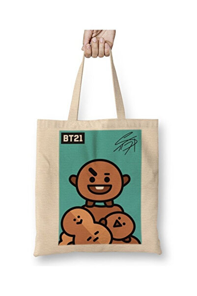 Toyaso Bt21 Shooky Bts White Cloth Bag Long Handle Shopping Bag Beach Bag