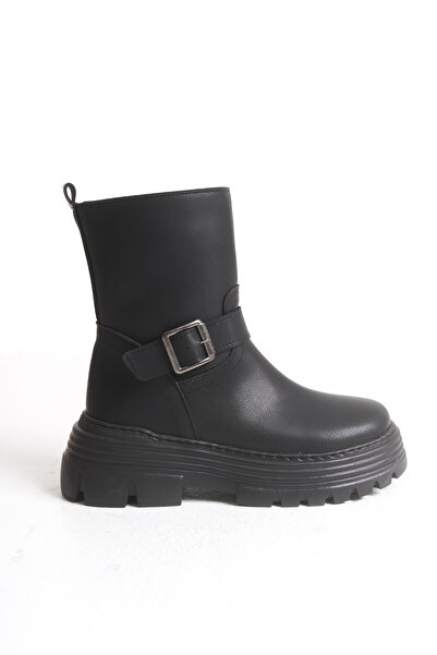 Solo Bag Γυναικείες μπότες με φερμουάρ με λεπτομέρεια με επίπεδη αγκράφα, μαύρες καθημερινές άνετες μπότες