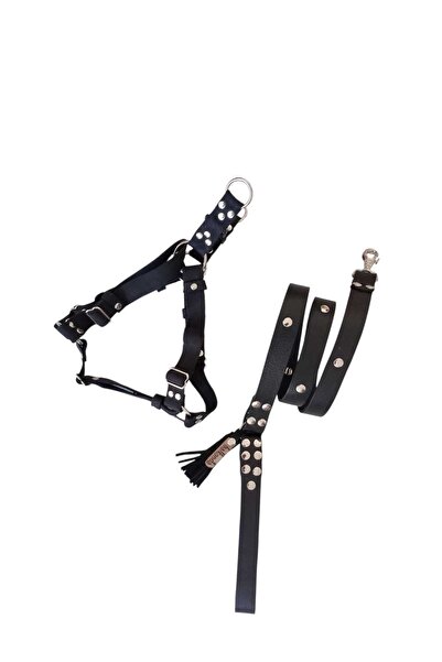 balkonda طوق للكلاب مع حزام للتنزه، جلد أسود، طول الصدر: 45-75 سم، حزام قابل ...