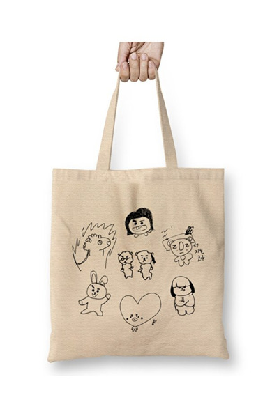Toyaso Bts Bt21 Drawing Black White Cloth Bag Long Handle Shopping Bag Beach Bag