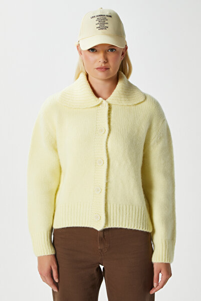 Ritnice Women's Lean Soft Texture Polo Neck Yellow Basic Knitwear Cardigan Hi00179