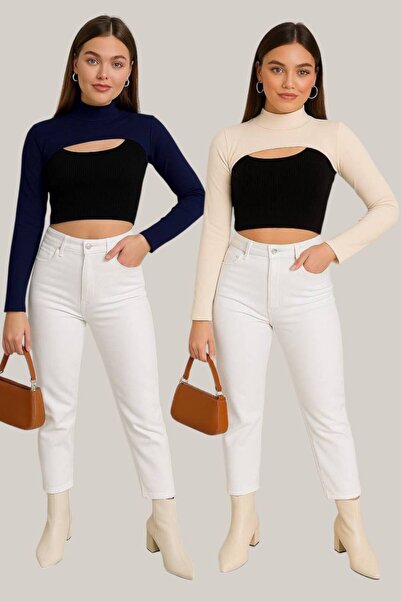 İSTANBULSTYLEMODA 2 ζευγάρια μανίκια με λαιμόκοψη -EKRU- ΣΚΟΥΡΟ ΜΠΛΕ BYK241810