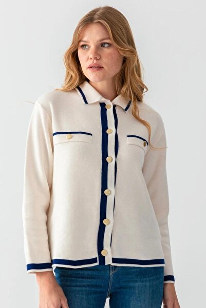 Noi Belis Color Block Polo Neck Pocket Detail Knitwear Cardigan Aw25Hi0035