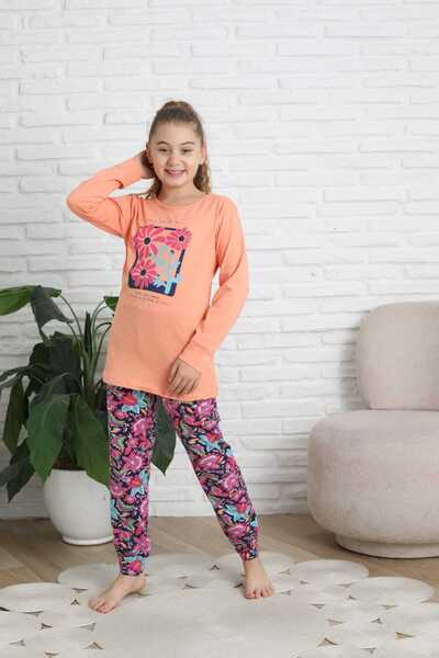Şekerkids Girls' Cotton Combed Fabric Orange-Purple Color Floral Detailed Pajama Set