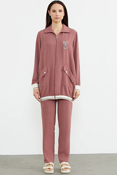 fantastik store Sementa 76326 Shawl Collar Zippered Crepe Set