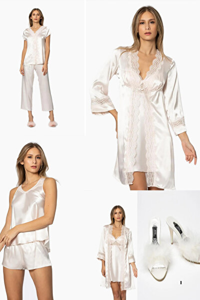 Mavelle 6-Piece Ecru Satin Bridal Dowry Set: Dressing Gown & Nightgown & Pajama Set & Shorts Set with Slippers and Gift