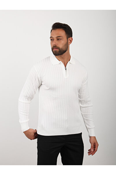 VALERO Men's Standard Fit Half Zip Polo Neck White Knit Sweater