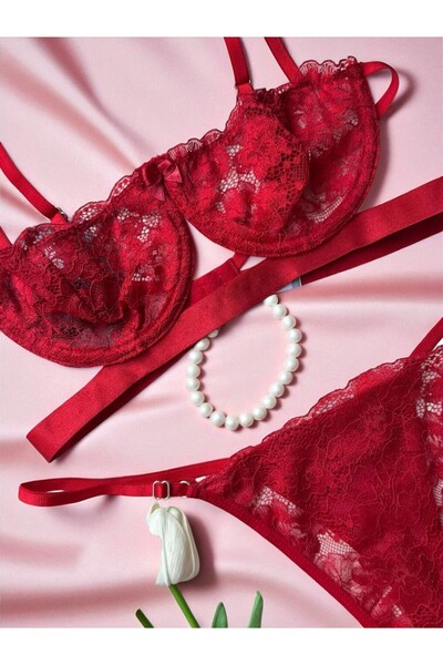 BUELLNA Özel Tasarım Kırmızı Dantel Bralet Sütyen & Tanga Seti - Kadın İç Çamaşırı Takımı