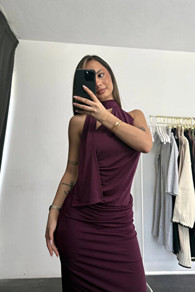 MOZENA Drapeli Fular Detaylı Uzun Elbise