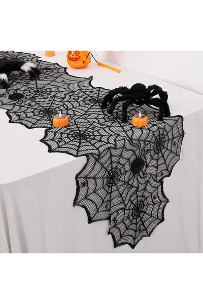 OEM Halloween Decorative Lace Tablecloth with Web & Spiders 183x45cm
