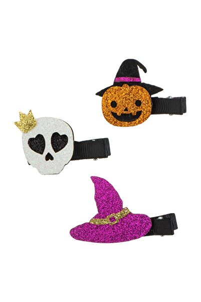 OEM Set of Black Hair Clips with Witch Hat Pumpkin Skull & Glitter 4.5x4cm - 3pcs