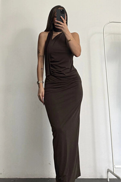 MOZENA Drapeli Fular Detaylı Uzun Elbise