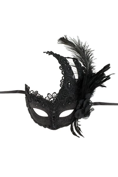 OEM Masca Neagra Fancy cu Dantela Glitter & Pene pentru Femei