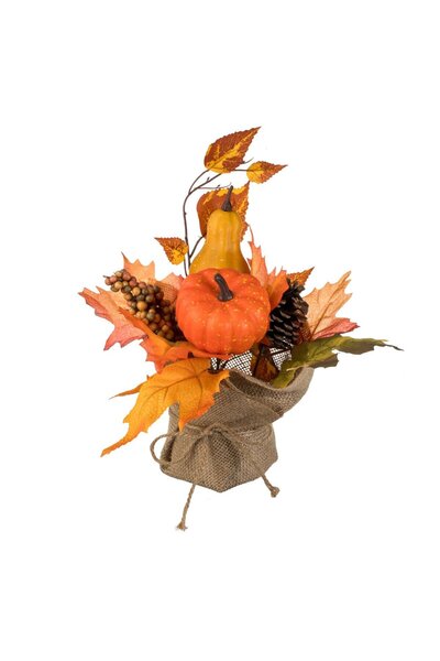 OEM Decorative Pot with Pumpkins, Leaves, Cones, Fruits and Jute Cloth 29cm
