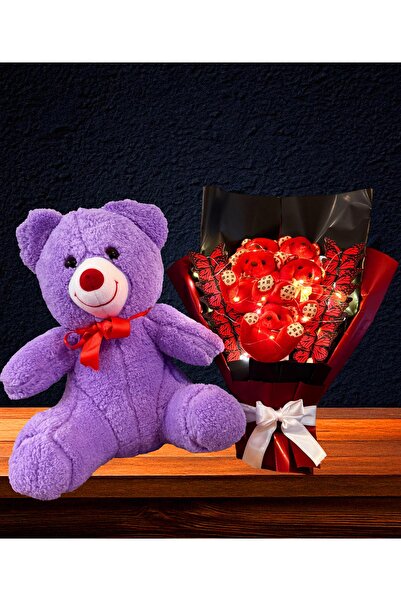 Genel Markalar Sevgiliye Ayıcık Buketi ve 35cm Mor Ayıcık Kız Arkadaşa Hediye...