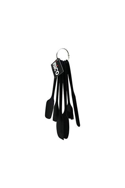 CT STONES 6Pcs Silicone - Black Kitchen Set 2 Spoons - 3 Spatulas - Egg Brush with Metal Hanging Ring (5446)