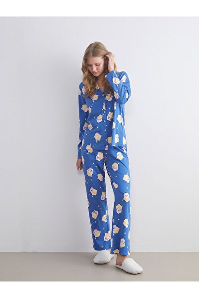 LC Waikiki LCW Young Gömlek Yaka Baskılı Kadın Pijama Takımı