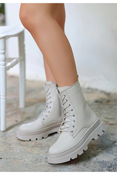 Ethab Ticaret Orge Beige Leather Laced Boots