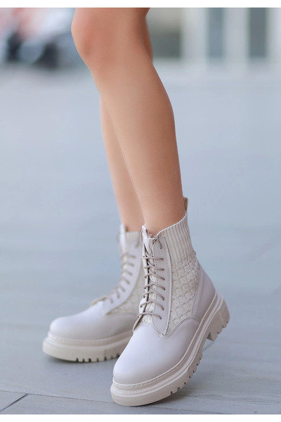Ethab Ticaret Utag Beige Leather Laced Boots