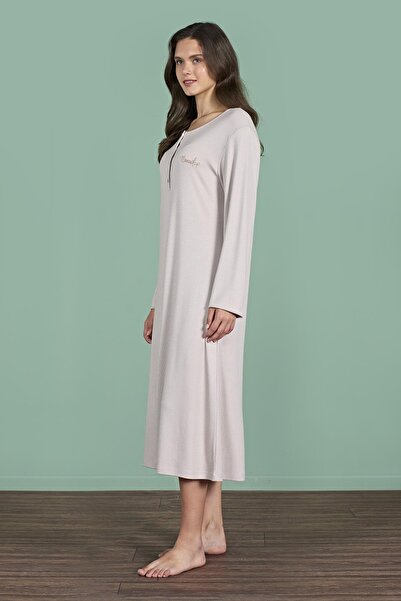Pijadore Women's Mink Color Half Button Long Sleeve Maxi Length Nightgown C3T4N91