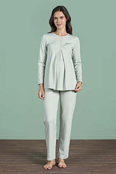 Pijadore Women's Green Color Half Button Long Sleeve Maternity Pajamas Set C6T4N91