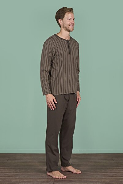 Pijadore Men's Brown Buttoned Striped Pattern Long Sleeve Pajama Set C9T4N91