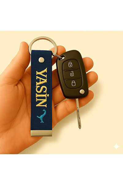 Tesbihane Çelik Tokalı - Kişiye Özel Anahtarlık - Lacivert - Dayanıklı Kumaş Üzerine İsim - Sembol Nakışlı