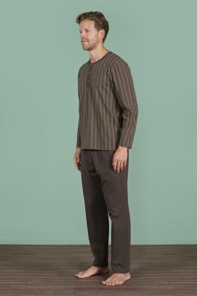 Pijadore Men's Brown Buttoned Striped Pattern Long Sleeve Pajama Set C9T4N91