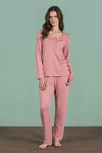 Pijadore Γυναικείο Σετ Πιτζάμες Μακρυμάνικο με Λεπτομέρεια Δαντέλας Ροζ C6T6N91