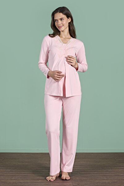 Pijadore Γυναικείο ροζ χρώμα δαντέλα με μακρυμάνικο γιακά με μακρυμάνικο κοστ...