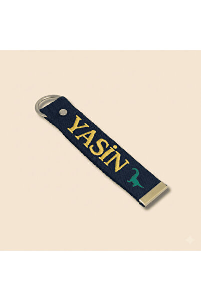 Tesbihane Çelik Tokalı - Kişiye Özel Anahtarlık - Lacivert - Dayanıklı Kumaş Üzerine İsim - Sembol Nakışlı