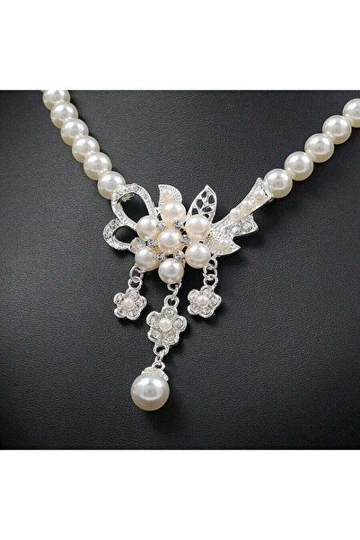 Pursehuit Necklace and earrings set, Silver Colour, with pearls and stones, Delicia C12