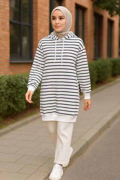 ECK MODA Γυναικείο ριγέ υφασμάτινο μακρυμάνικο τουνίκ με κουκούλα