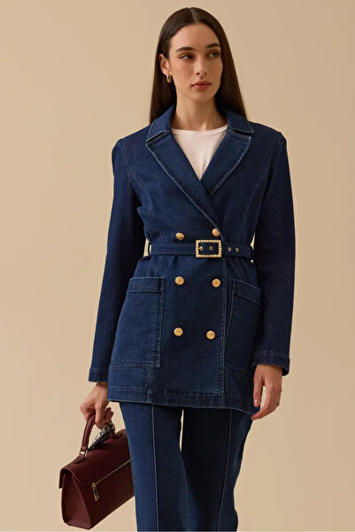 SEÇİL Women's Jean Jacket with Pockets and Belt - Navy Blue