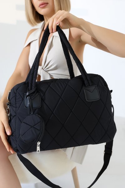 BALANZ Geantă de umăr și de mână pentru femei, matlasată, cu model, din material textil căptușit, cu detaliu portofel mini de dimensiuni mari, negru