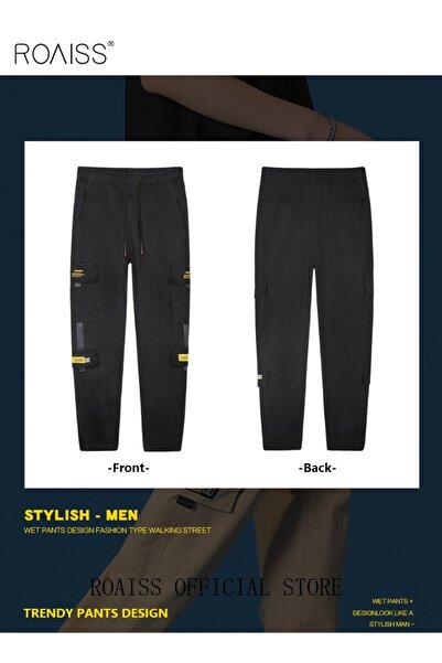 ROAISS Men's Cargo Pants Casual Pants with Elastic Drawstring Suitable for Various Body Types Simple and Tr