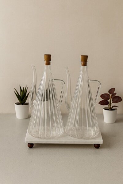 morponi طقم من قطعتين من وعاء الزيت ووعاء الصلصة بتصميم مخطط زجاجي مع حامل رخ...