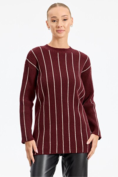 Tığ Triko Şerit Taş Yapıştırmalı Fitilli Tunik BORDO
