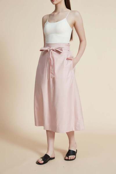 Yola Solid Midi Skirt with Tie-Waist