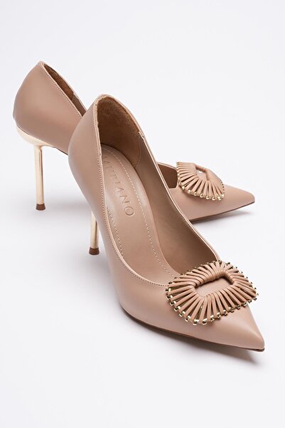 Mubiano Pantofi din piele de damă cu cataramă platină cu toc înalt 9 cm pudră olivina