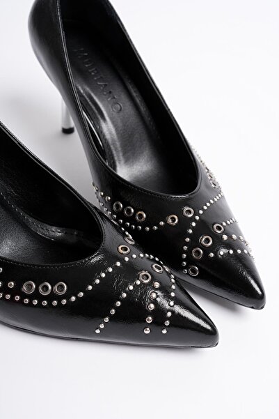 Mubiano Aurina Women's Black Wrinkled Patent Leather High Heeled Shoes with Silver Metal Accessories (8cm)