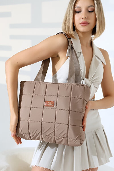 BALANZ Geantă de damă bej din țesătură matlasată, geantă de umăr și de mână de dimensiuni mari