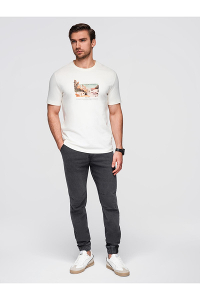 OMBRE Men's JOGGERS denim pants with wash effect - grey V3 OM-PADJ-0267 XL